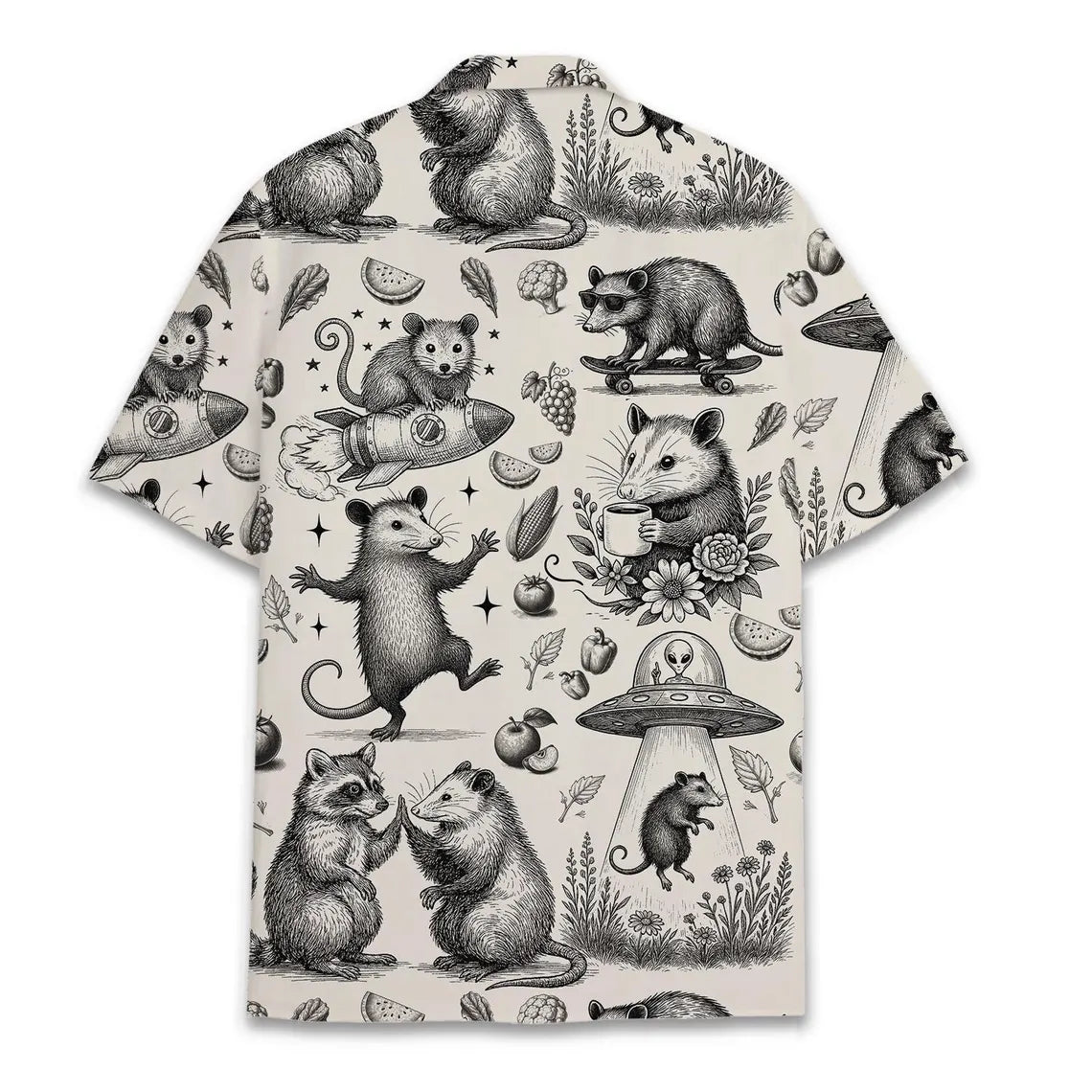 Funny Opossum Hawaiian Shirt Men Women Youth, Vintage UFO Coffee Possum Shirt, Weird Animal Aloha Button Down Short Sleeve