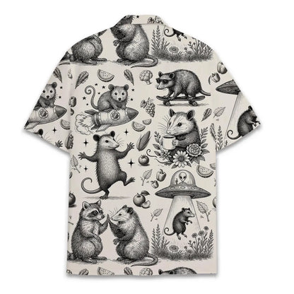 Funny Opossum Hawaiian Shirt Men Women Youth, Vintage UFO Coffee Possum Shirt, Weird Animal Aloha Button Down Short Sleeve
