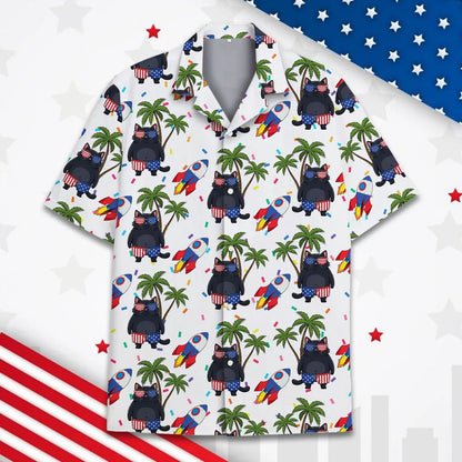 Patriotic Cat Hawaiian Shirt for Men Women Youth, Palm Tree Aloha Shirt, Funny 4th of July Shirt Button Up, Summer Beach Party Shirt