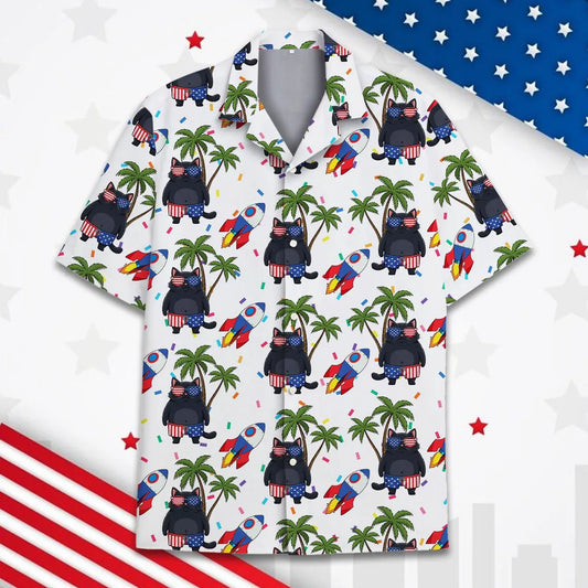 Patriotic Cat Hawaiian Shirt for Men Women Youth, Palm Tree Aloha Shirt, Funny 4th of July Shirt Button Up, Summer Beach Party Shirt