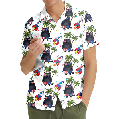 Patriotic Cat Hawaiian Shirt for Men Women Youth, Palm Tree Aloha Shirt, Funny 4th of July Shirt Button Up, Summer Beach Party Shirt