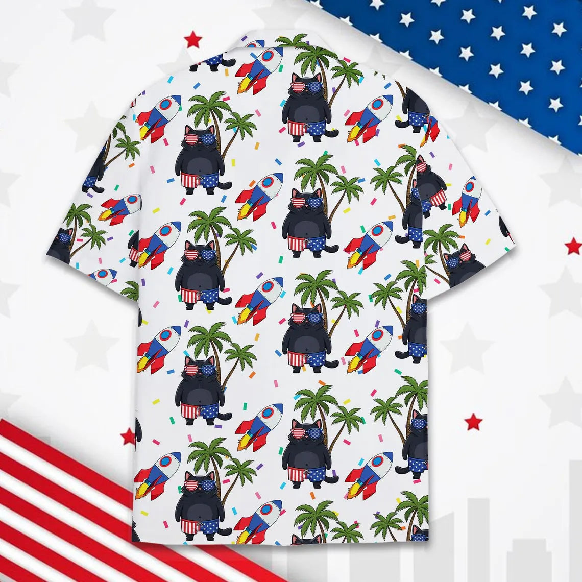 Patriotic Cat Hawaiian Shirt for Men Women Youth, Palm Tree Aloha Shirt, Funny 4th of July Shirt Button Up, Summer Beach Party Shirt