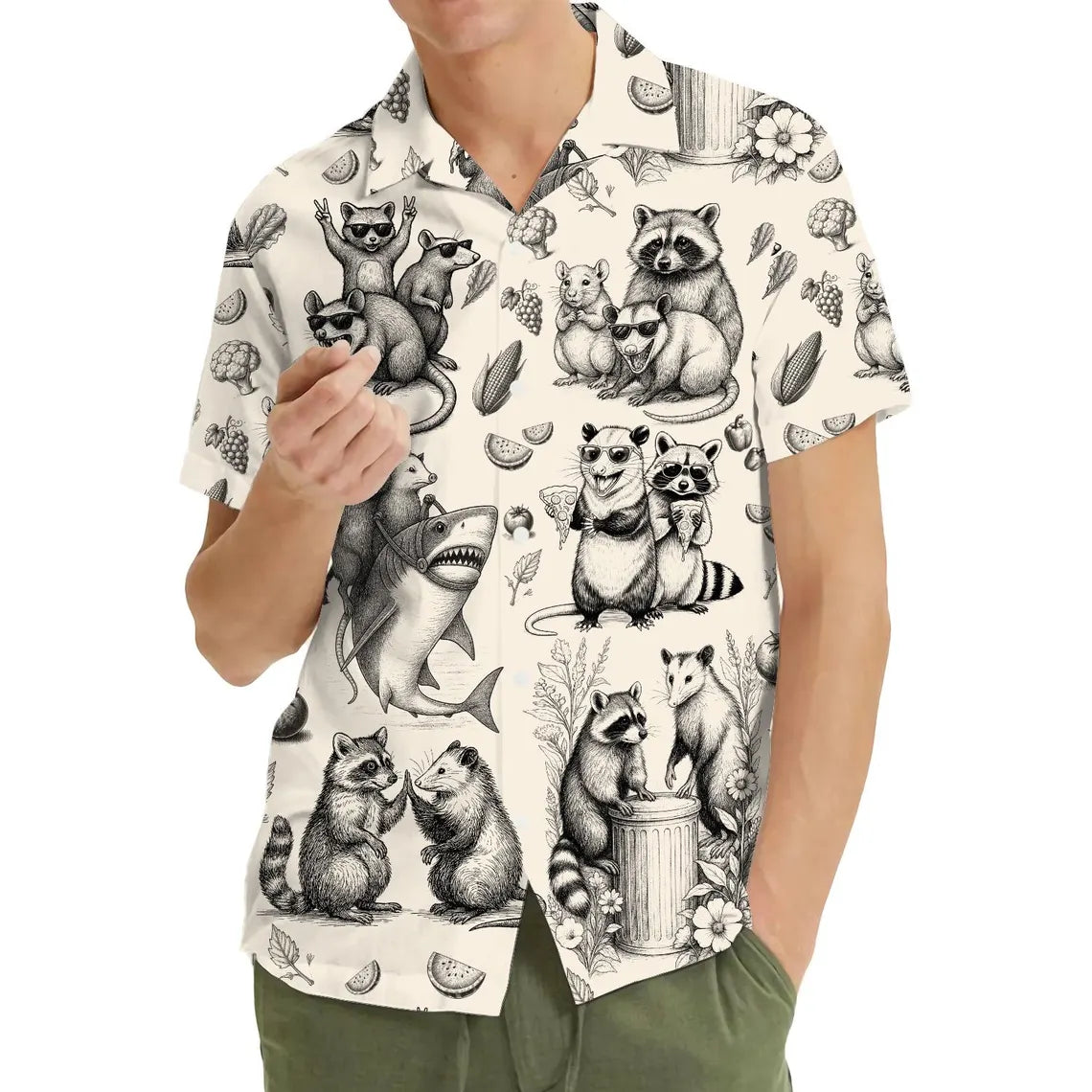 Funny Raccoon Possum Hawaiian Shirt for Men Women Youth, Vintage Animal Panda Shirt, Summer Beach Shirt Button Down Short Sleeve