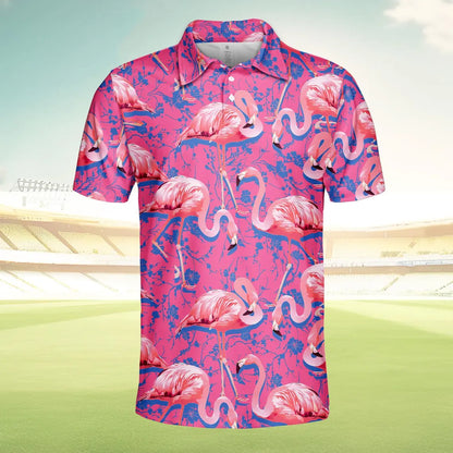 Flamingo Polo Shirt for Men Women, Pink Flamingo Shirt Short Sleeve Button Up