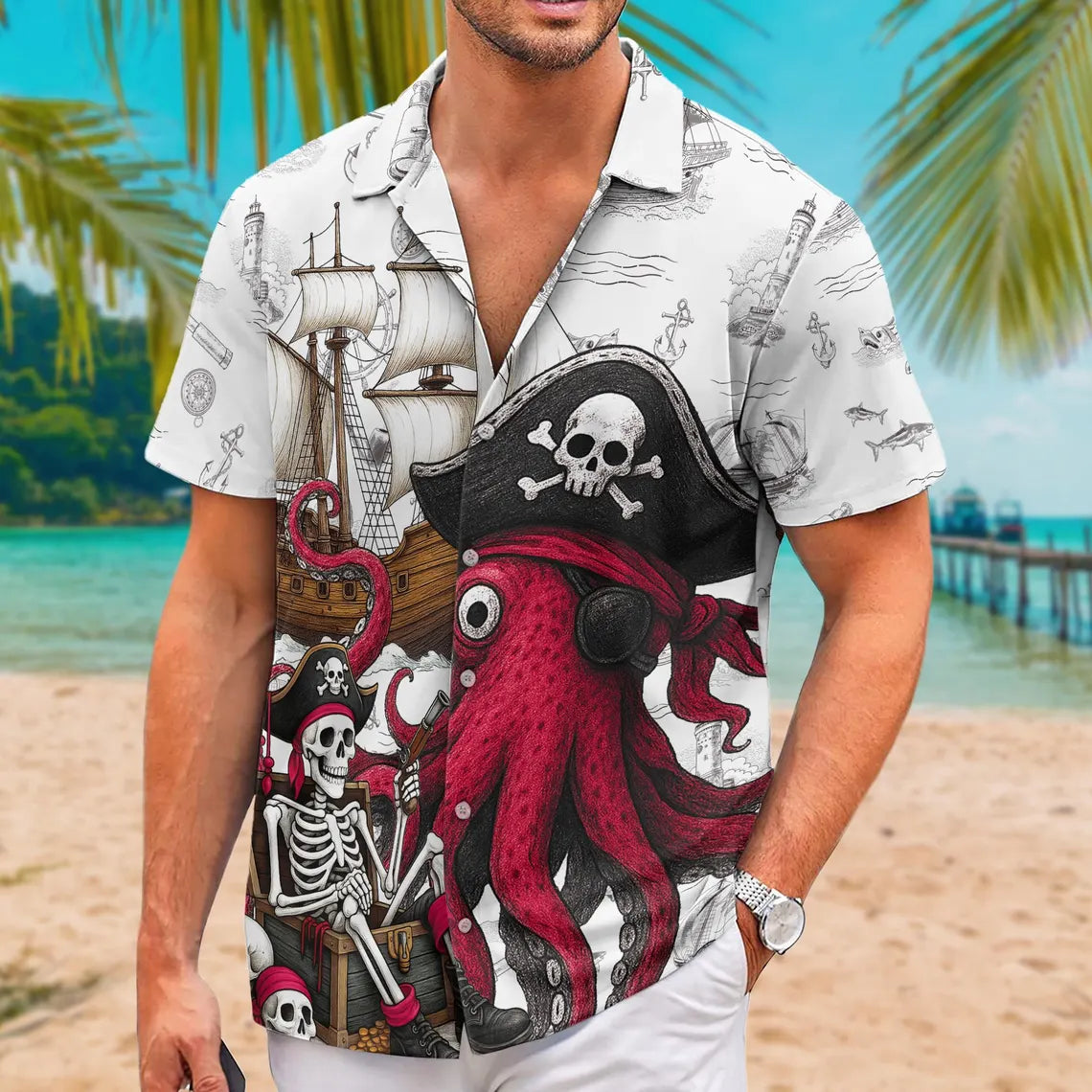 Pirate Hawaii Shirt For Men Women Youth, Octopus Shirt Men, Gift For Pirate Lovers, Skull Pirate Mens Hawaiian Shirts, Pirate Party Outfit