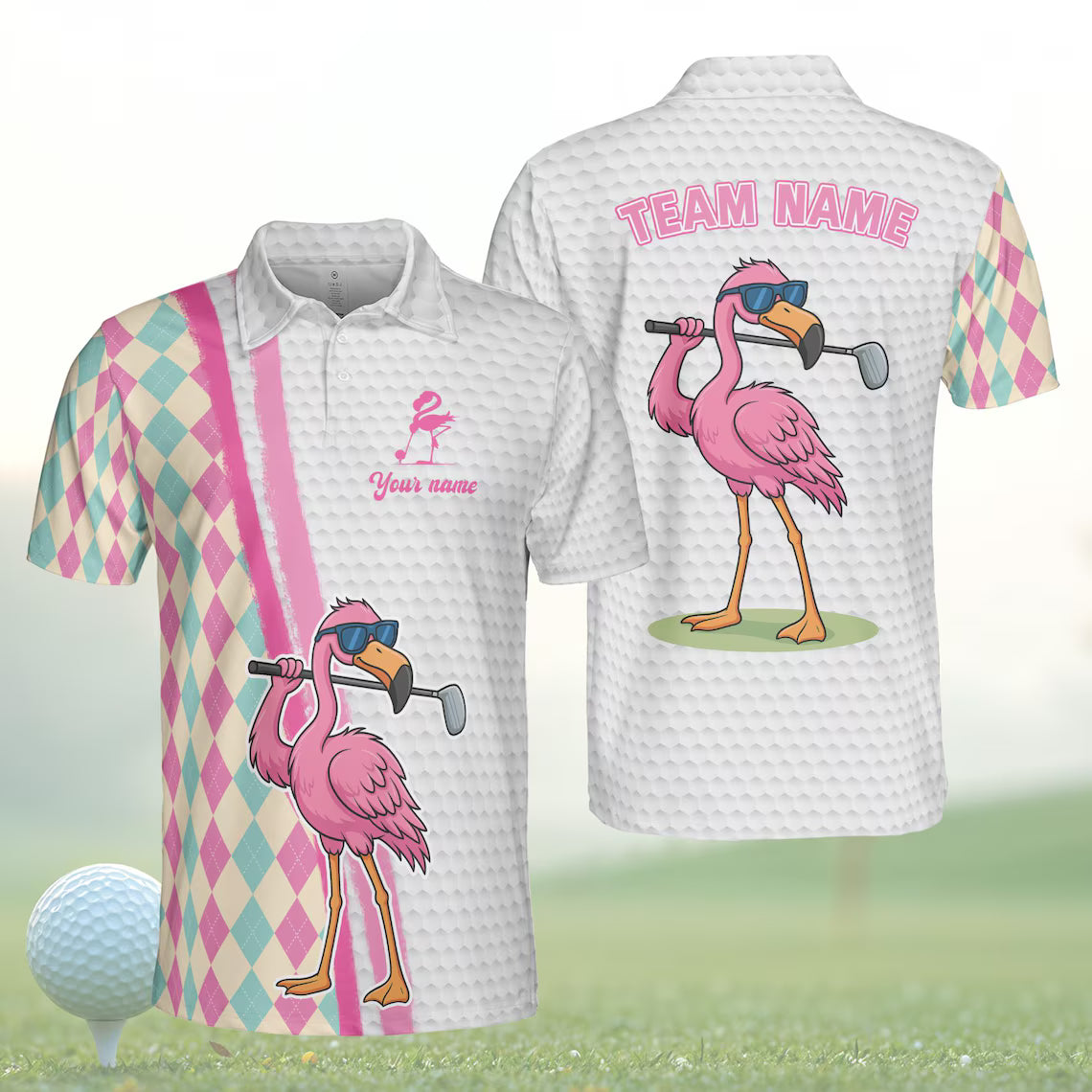 Custom Name Flamingo Golf Team Polo Shirt, Funny Summer Golfer Men Women Sleeveless Polo