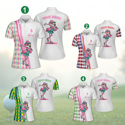 Custom Name Flamingo Golf Team Polo Shirt, Funny Summer Golfer Men Women Sleeveless Polo