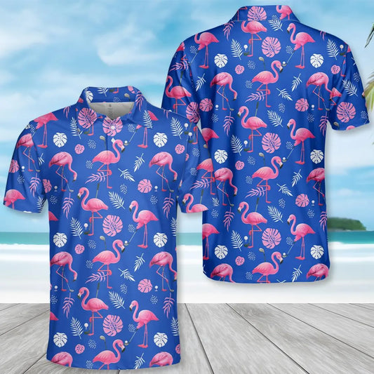 Flamingo Polo Shirt for Men Women, Pink Flamingo Shirt Short Sleeve Button Up, Blue Shirt