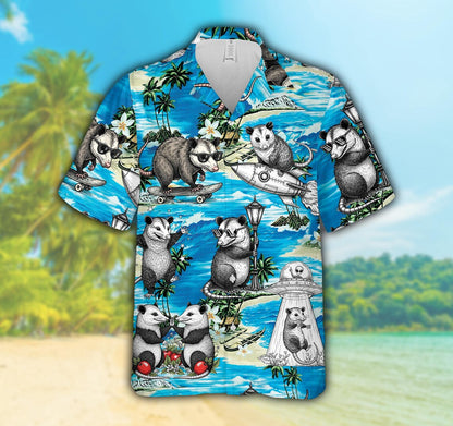 Funny Possum Hawaiian Shirt For Men And Women, Skateboarding Possum & UFO Button Up Shirt