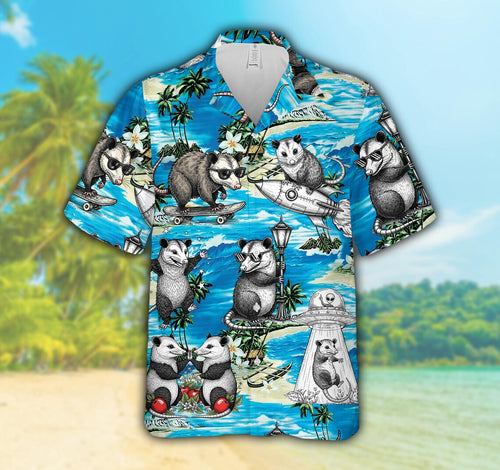 Funny Possum Hawaiian Shirt For Men And Women, Skateboarding Possum & UFO Button Up Shirt
