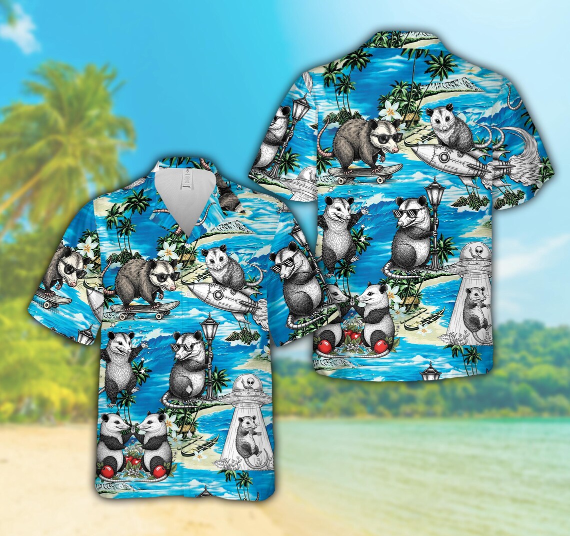 Funny Possum Hawaiian Shirt For Men And Women, Skateboarding Possum & UFO Button Up Shirt