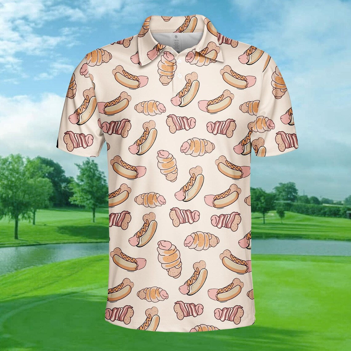 Hot Dog Polo Shirt for Men Women, Funny Fast Food Shirt Short Sleeve Button Up