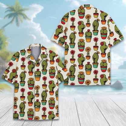 Funny Cactus Hawaiian Shirt for Men Women Youth, Colorful Potted Succulent Plant Print