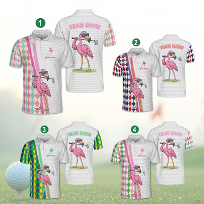 Custom Name Flamingo Golf Team Polo Shirt, Funny Summer Golfer Men Women Sleeveless Polo
