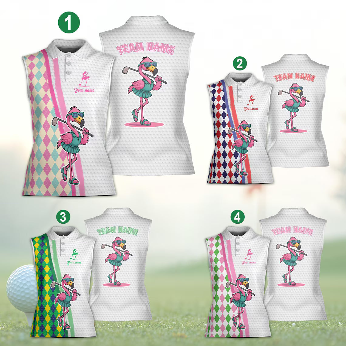 Custom Name Flamingo Golf Team Polo Shirt, Funny Summer Golfer Men Women Sleeveless Polo