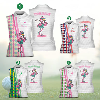 Custom Name Flamingo Golf Team Polo Shirt, Funny Summer Golfer Men Women Sleeveless Polo