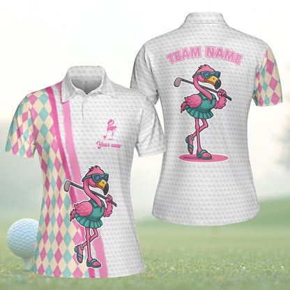 Custom Name Flamingo Golf Team Polo Shirt, Funny Summer Golfer Men Women Sleeveless Polo