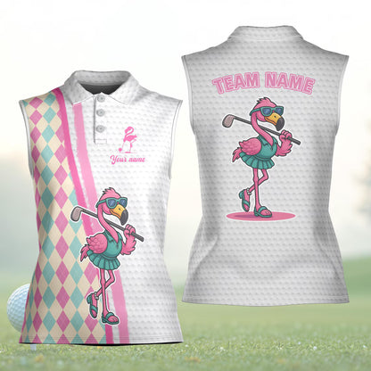 Custom Name Flamingo Golf Team Polo Shirt, Funny Summer Golfer Men Women Sleeveless Polo