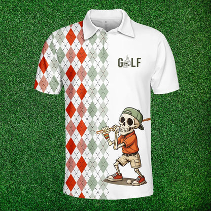 Skeleton Golf Polo Shirt for Men Women, Funny Argyle Golfer Shirt Button Up