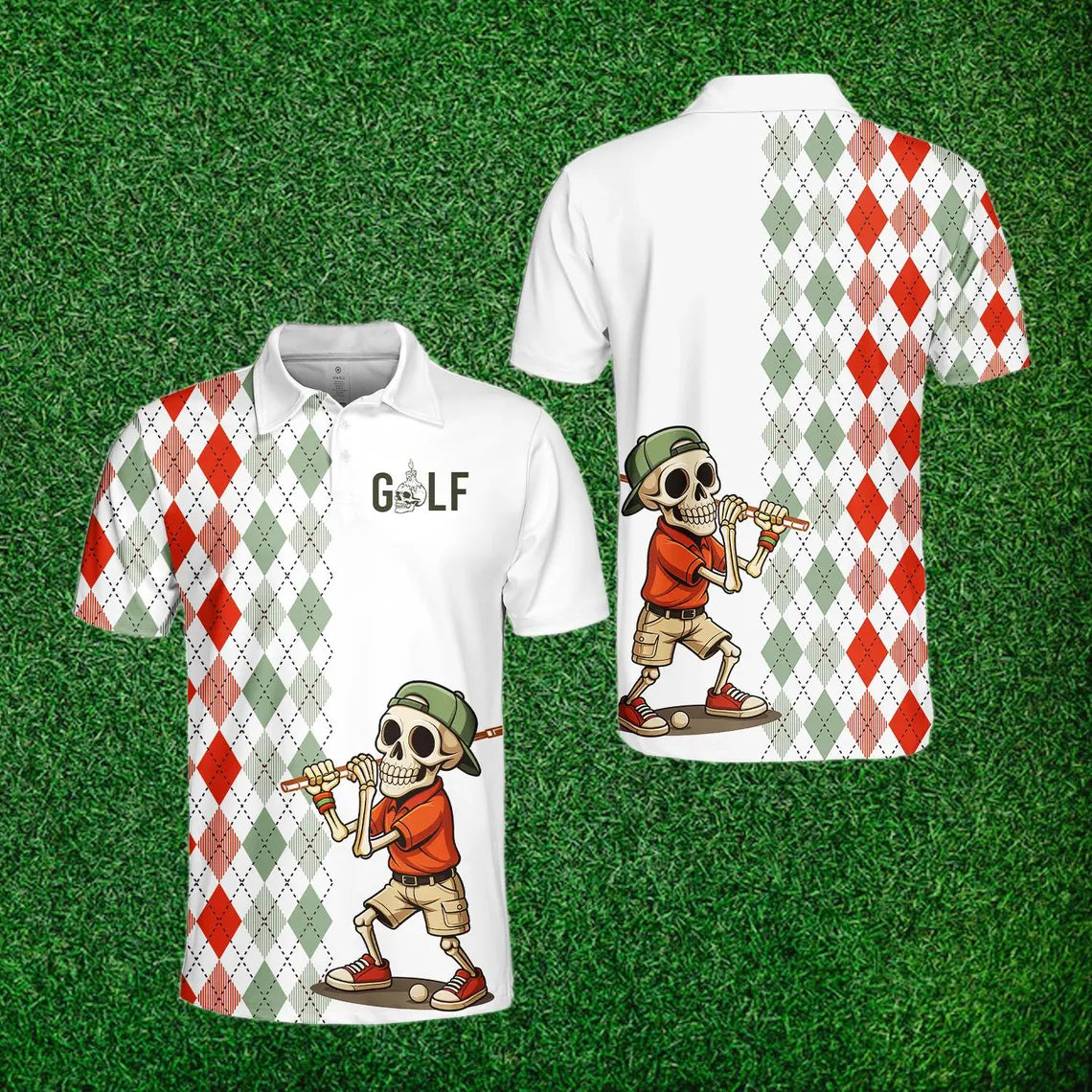 Skeleton Golf Polo Shirt for Men Women, Funny Argyle Golfer Shirt Button Up