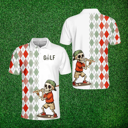 Skeleton Golf Polo Shirt for Men Women, Funny Argyle Golfer Shirt Button Up