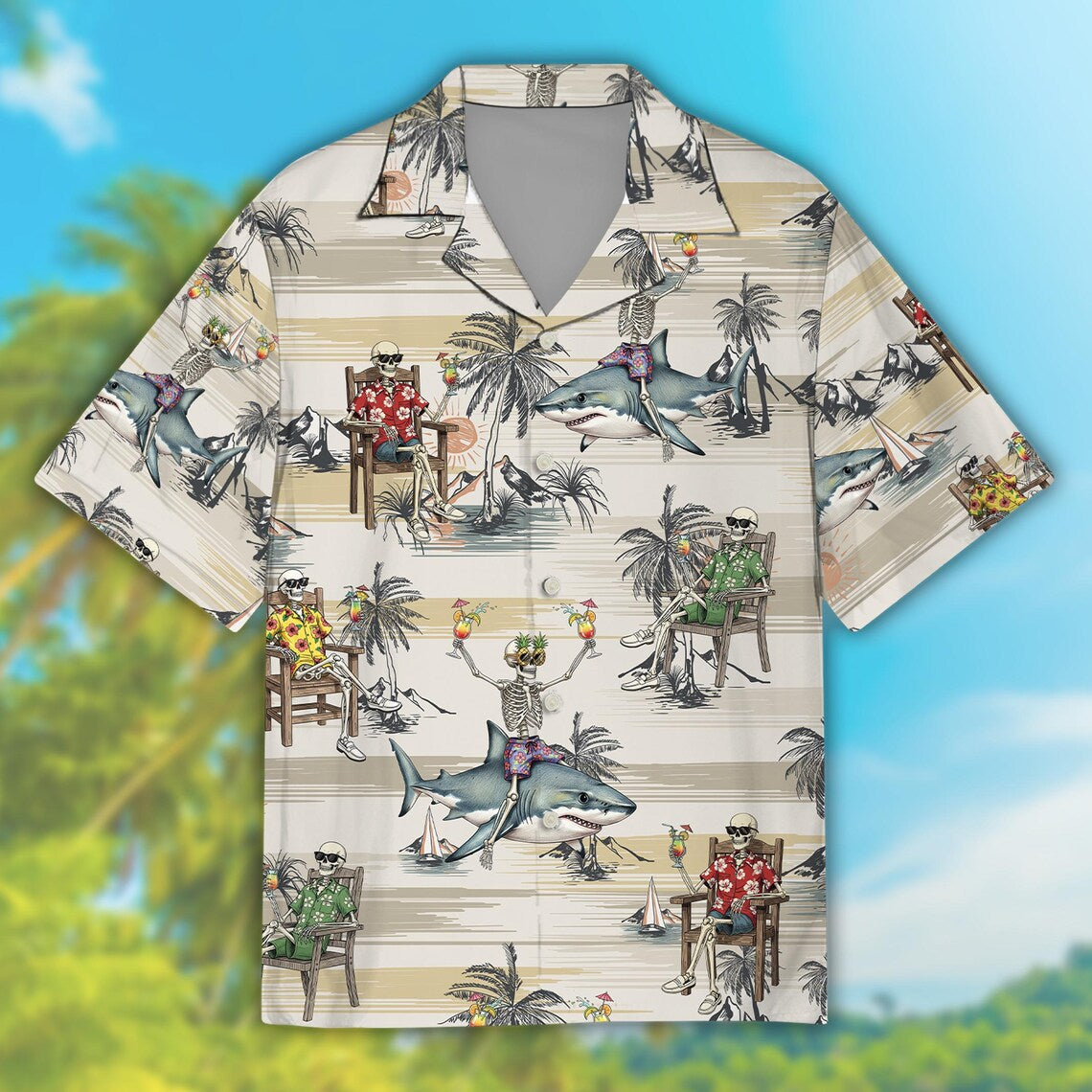 Skeleton Shark Hawaiian Shirt For Men & Women, Tropical Skeleton Button Up Shirt For Shark Lover, Skeleton Cocktail Beach Party Aloha Shirt