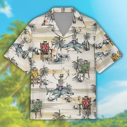 Skeleton Shark Hawaiian Shirt For Men & Women, Tropical Skeleton Button Up Shirt For Shark Lover, Skeleton Cocktail Beach Party Aloha Shirt