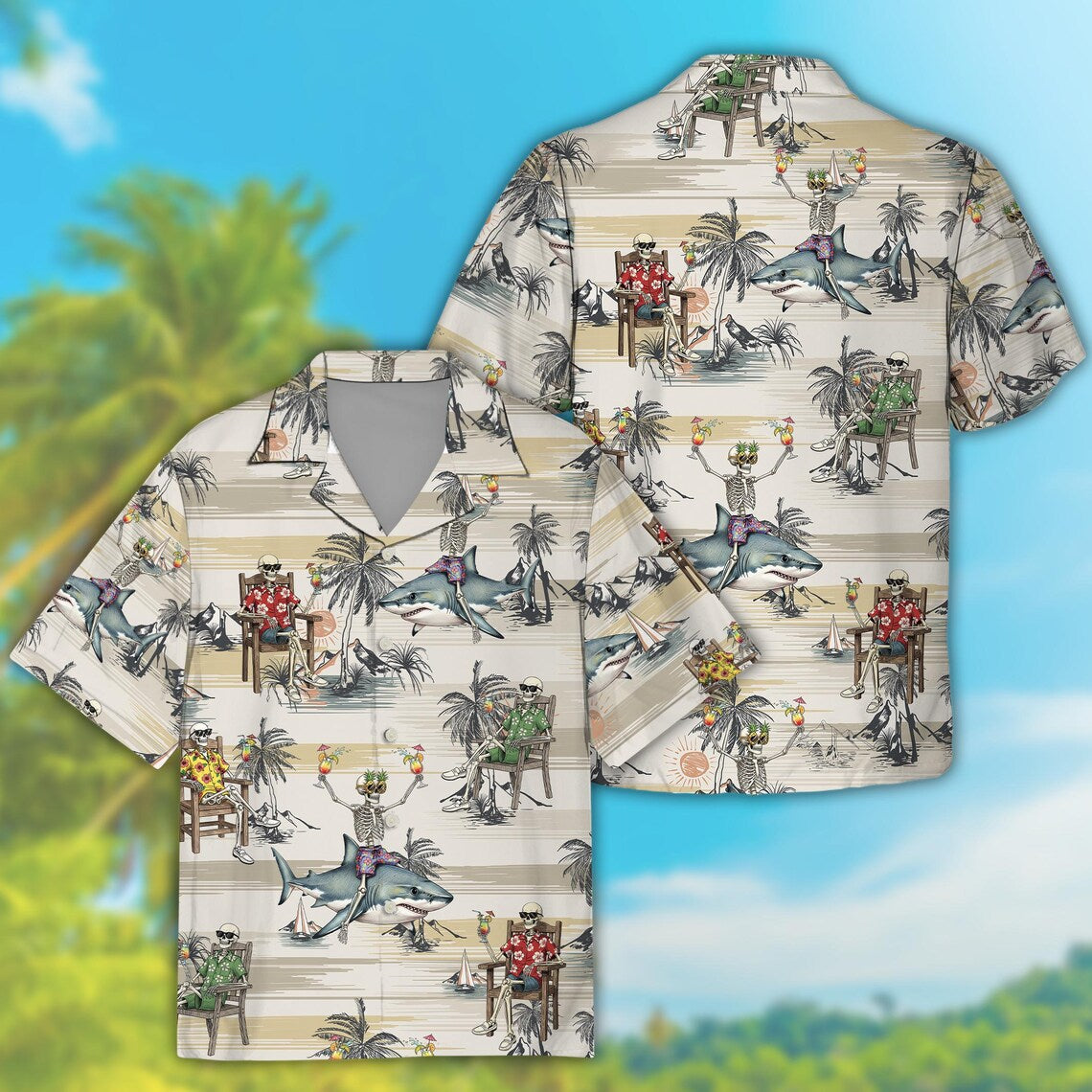 Skeleton Shark Hawaiian Shirt For Men & Women, Tropical Skeleton Button Up Shirt For Shark Lover, Skeleton Cocktail Beach Party Aloha Shirt