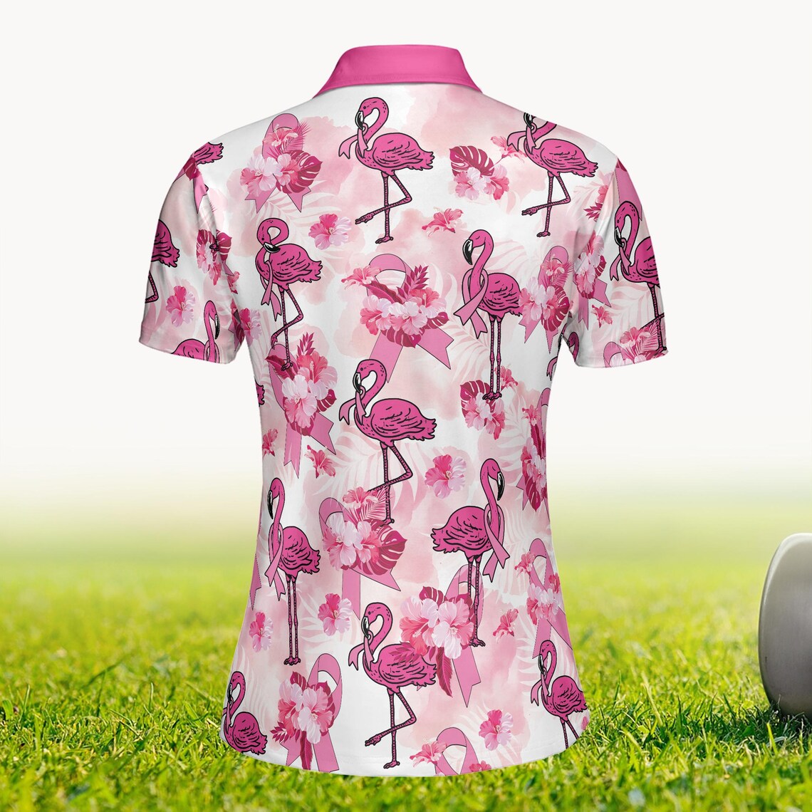 Flamingo Golf Polo Shirt, Breast Cancer Awareness Pink Ribbon Golf Outfit, Survivor Fighter Gift, Support & Awareness Polo for Women