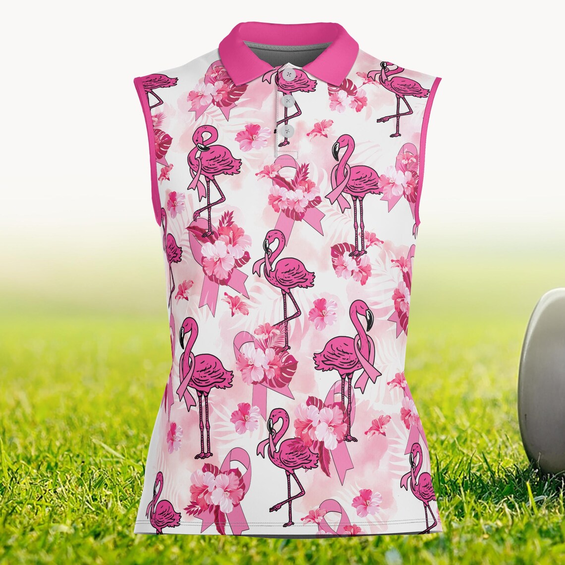 Flamingo Golf Polo Shirt, Breast Cancer Awareness Pink Ribbon Golf Outfit, Survivor Fighter Gift, Support & Awareness Polo for Women