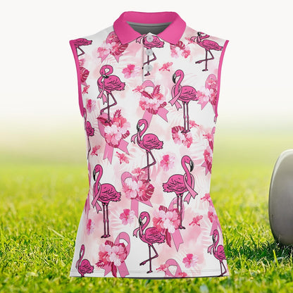 Flamingo Golf Polo Shirt, Breast Cancer Awareness Pink Ribbon Golf Outfit, Survivor Fighter Gift, Support & Awareness Polo for Women