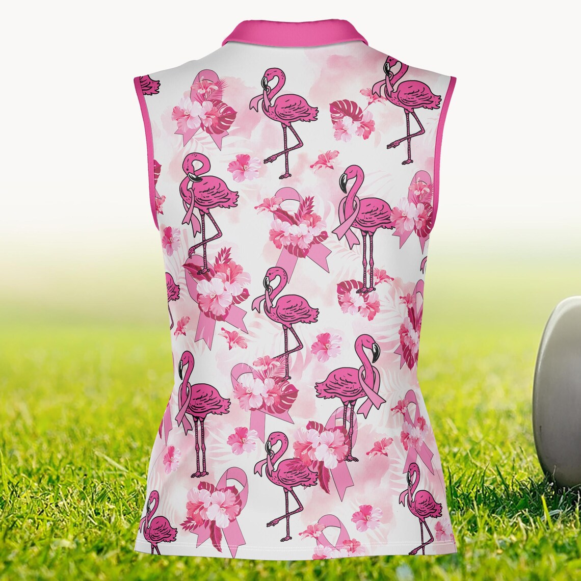 Flamingo Golf Polo Shirt, Breast Cancer Awareness Pink Ribbon Golf Outfit, Survivor Fighter Gift, Support & Awareness Polo for Women