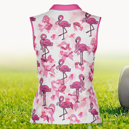 Flamingo Golf Polo Shirt, Breast Cancer Awareness Pink Ribbon Golf Outfit, Survivor Fighter Gift, Support & Awareness Polo for Women