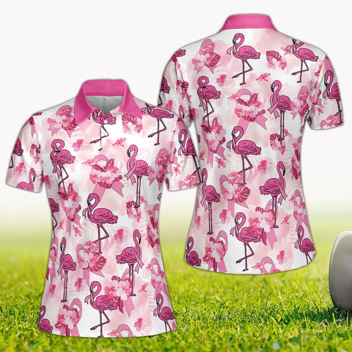 Flamingo Golf Polo Shirt, Breast Cancer Awareness Pink Ribbon Golf Outfit, Survivor Fighter Gift, Support & Awareness Polo for Women