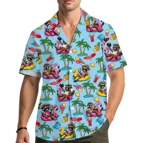 Summer Raccoon Hawaiian Shirt Men Women Youth, Funny Beach Vacation Aloha Shirt Button Down, Tropical Vibes Shirt
