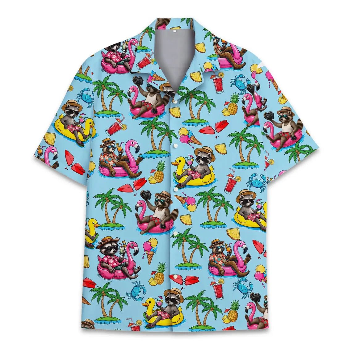 Summer Raccoon Hawaiian Shirt Men Women Youth, Funny Beach Vacation Aloha Shirt Button Down, Tropical Vibes Shirt