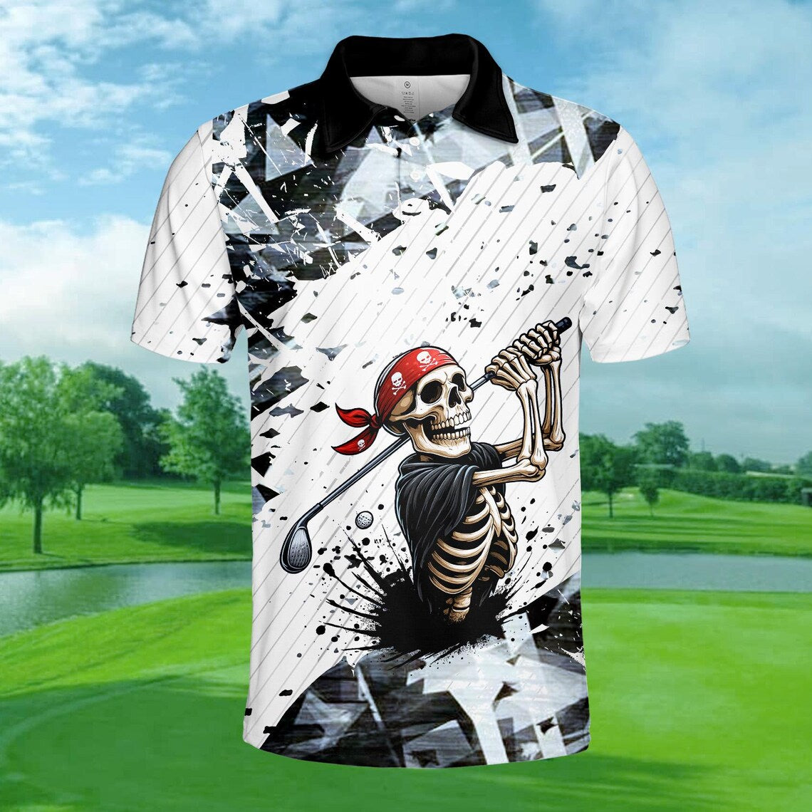Pirate Skeleton Golf Polo Shirt for Men Women, Funny Golfer Outfit with Skull Bandana Print
