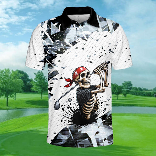 Pirate Skeleton Golf Polo Shirt for Men Women, Funny Golfer Outfit with Skull Bandana Print