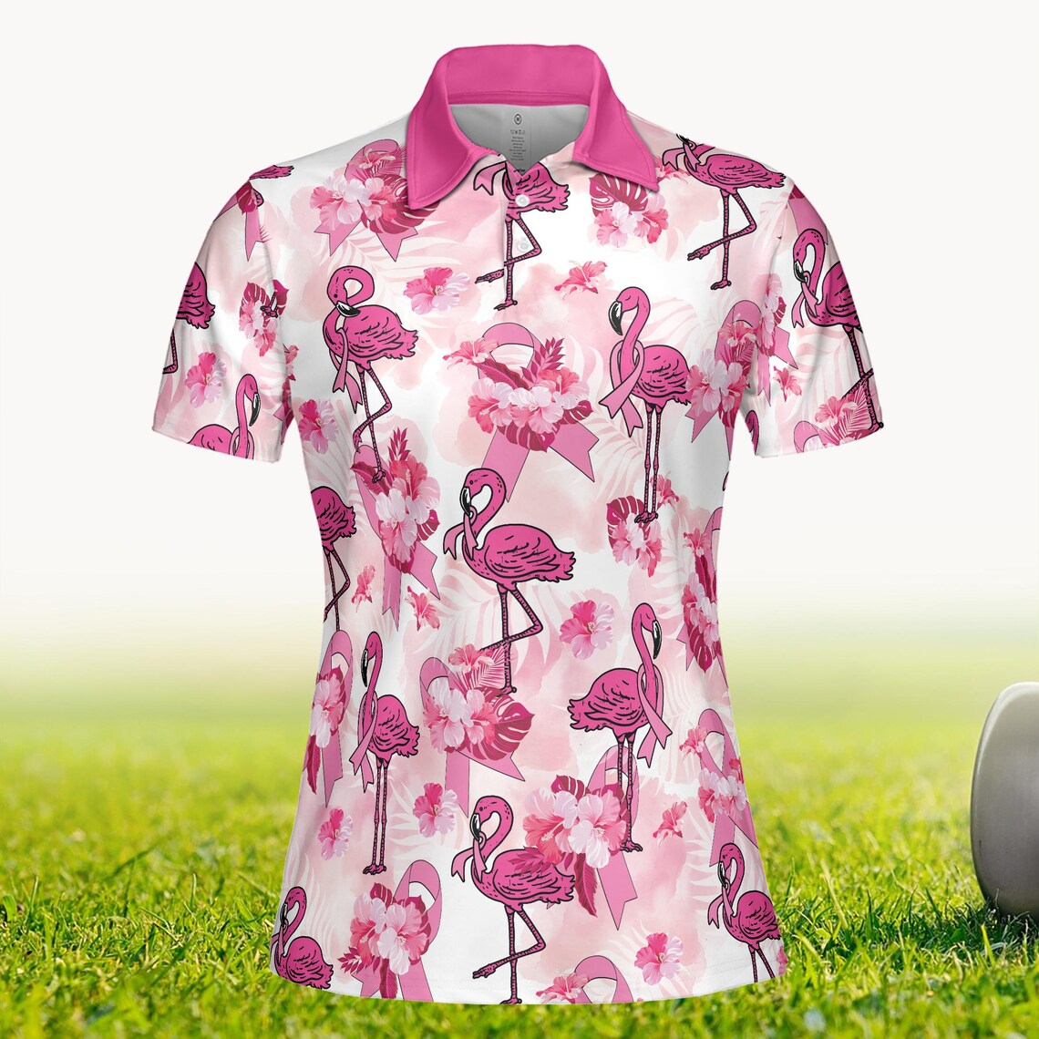 Flamingo Golf Polo Shirt, Breast Cancer Awareness Pink Ribbon Golf Outfit, Survivor Fighter Gift, Support & Awareness Polo for Women