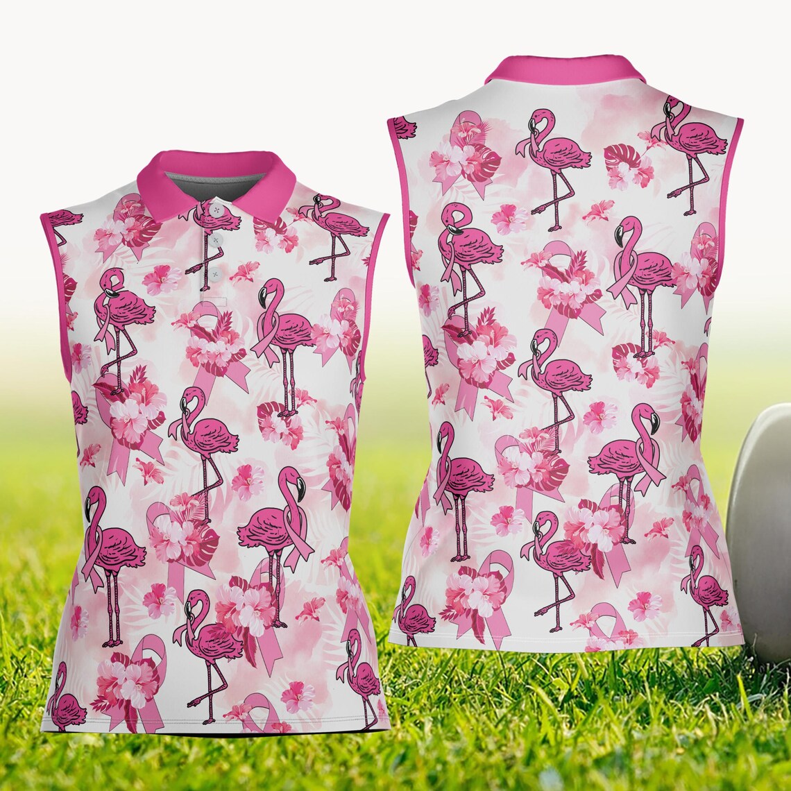 Flamingo Golf Polo Shirt, Breast Cancer Awareness Pink Ribbon Golf Outfit, Survivor Fighter Gift, Support & Awareness Polo for Women