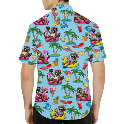 Summer Raccoon Hawaiian Shirt Men Women Youth, Funny Beach Vacation Aloha Shirt Button Down, Tropical Vibes Shirt