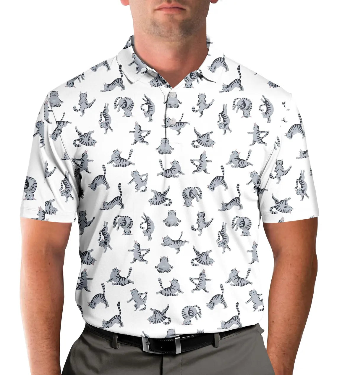 Funny Cat Golf Polo Shirt for Men Women, Cute Yoga Golfing Cat Shirt