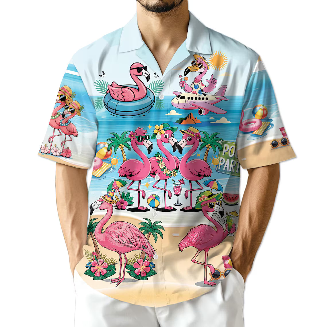 Flamingo Cocktails Beach Hawaiian Shirt, Tropical Summer Aloha Shirt for Men Women Youth