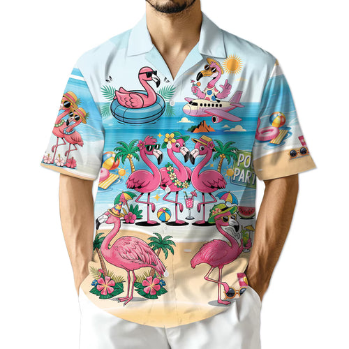 Flamingo Cocktails Beach Hawaiian Shirt, Tropical Summer Aloha Shirt for Men Women Youth