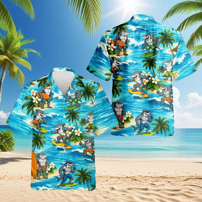 Surfing Shark Hawaiian Shirt, Summer Holiday Aloha Beach Party Shirt for Men Women