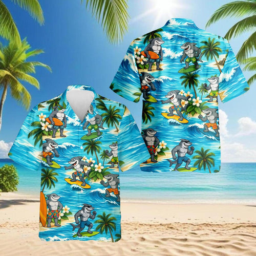 Surfing Shark Hawaiian Shirt, Summer Holiday Aloha Beach Party Shirt for Men Women