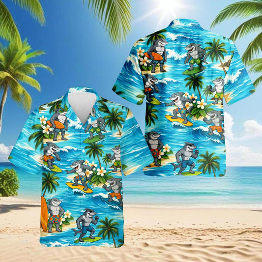 Surfing Shark Hawaiian Shirt, Summer Holiday Aloha Beach Party Shirt for Men Women