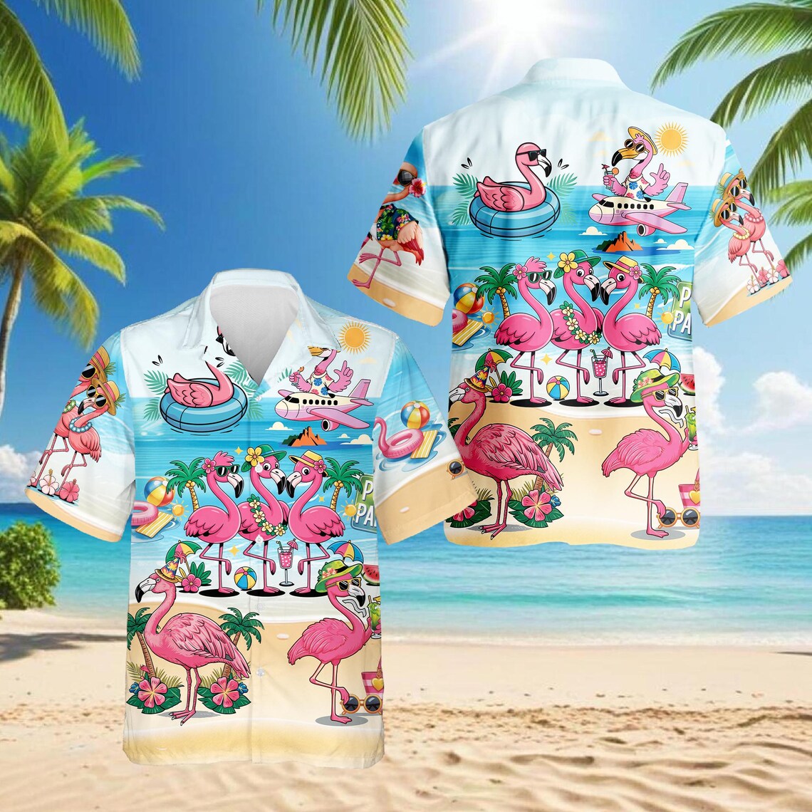 Flamingo Cocktails Beach Hawaiian Shirt, Tropical Summer Aloha Shirt for Men Women Youth