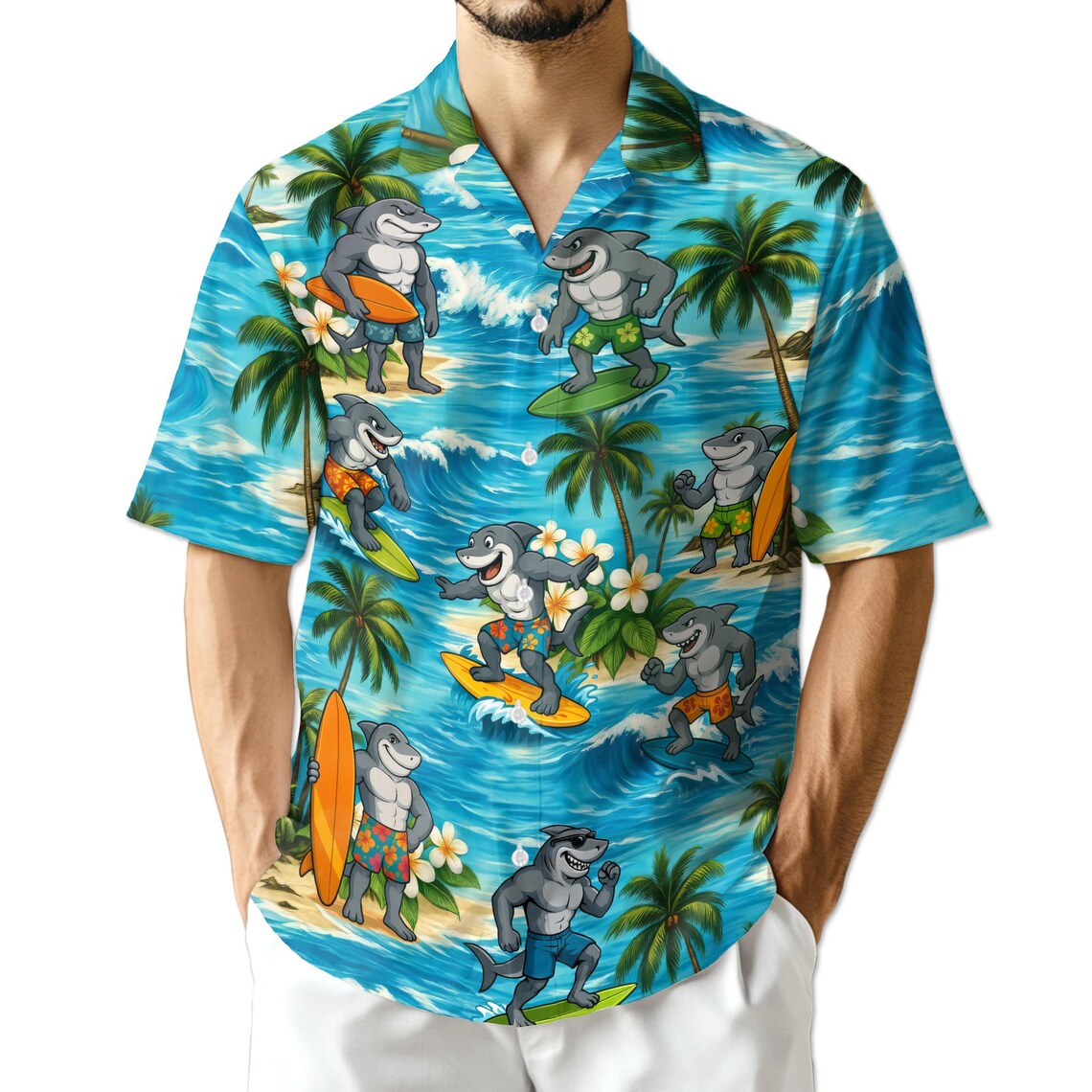 Surfing Shark Hawaiian Shirt, Summer Holiday Aloha Beach Party Shirt for Men Women