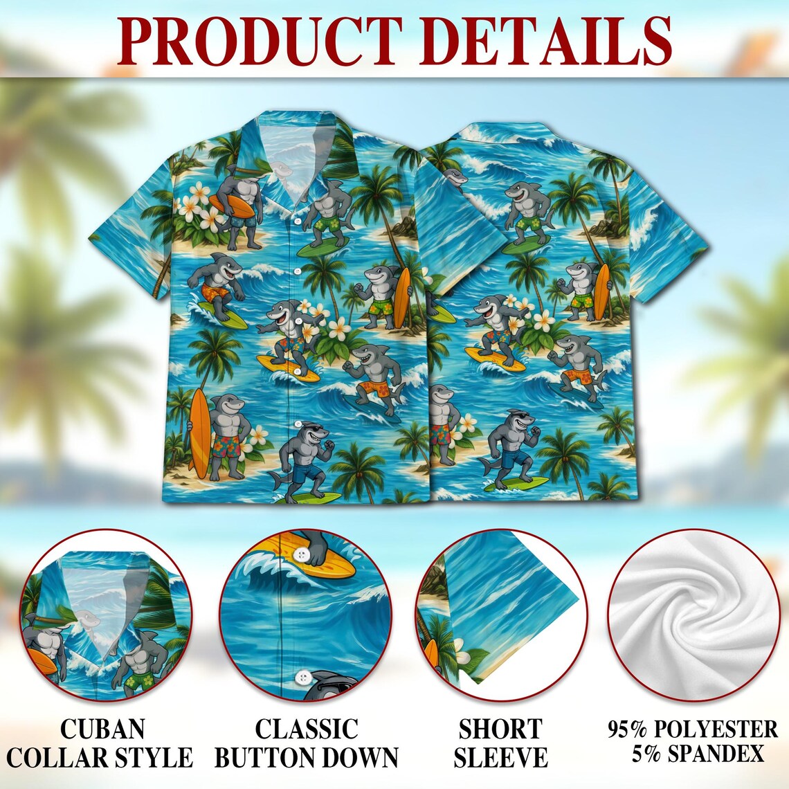 Surfing Shark Hawaiian Shirt, Summer Holiday Aloha Beach Party Shirt for Men Women